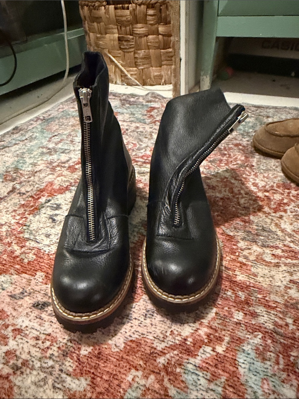 Black Zip-Front Women's Leather Ankle Boots